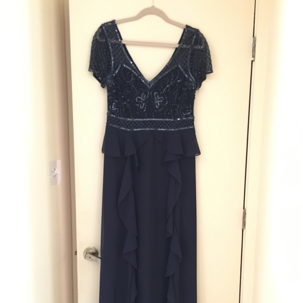 Adrianna Papell navy mother of groom a line gown